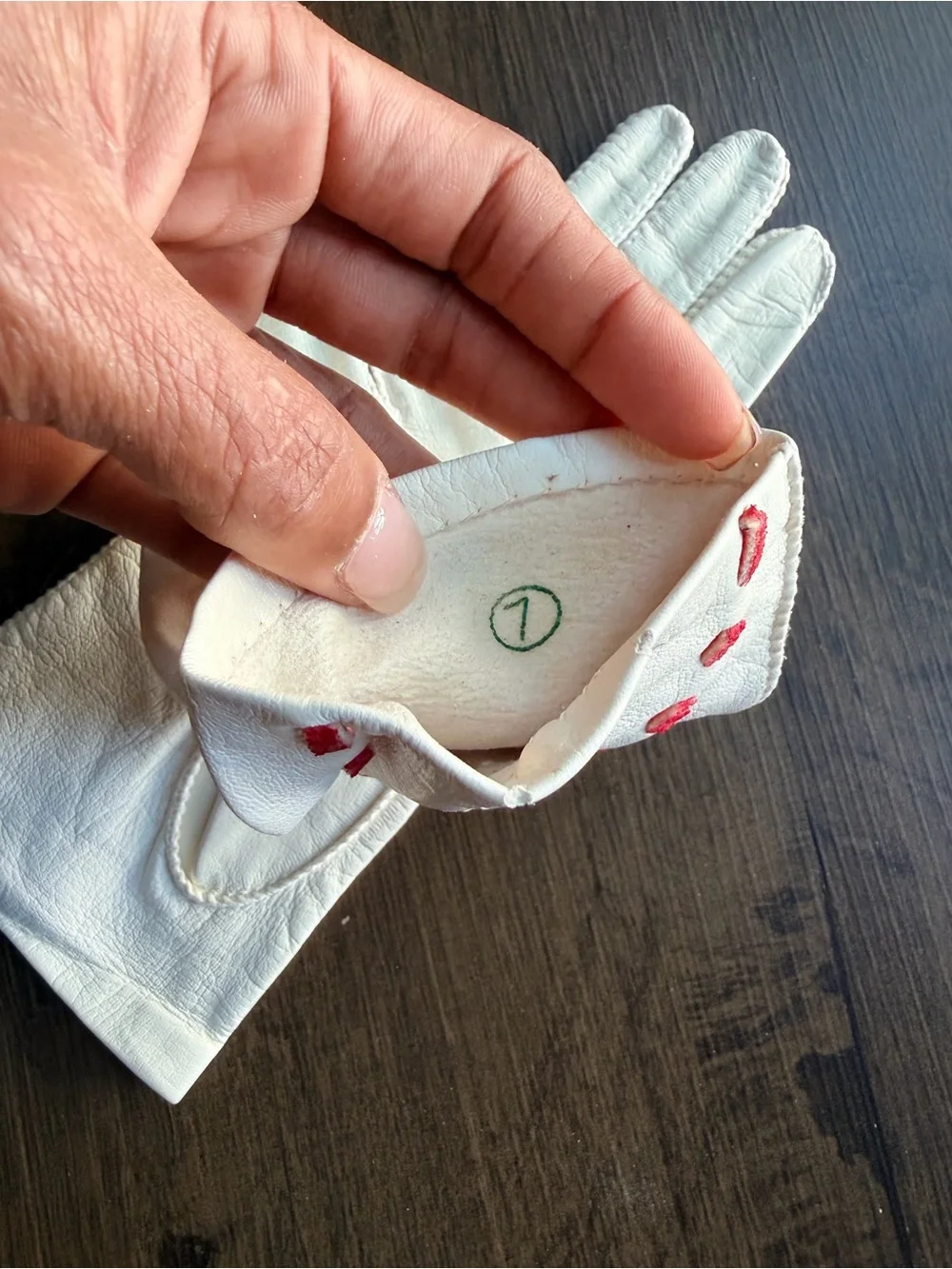 Vintage Mid-Century White Leather Driving Gloves with Red Lacing